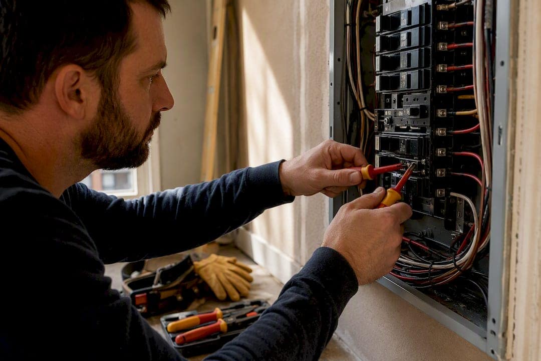 Electrician wiring an electrical panel