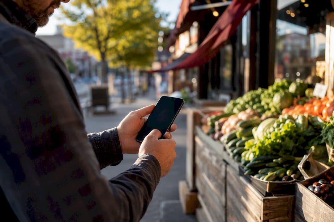 Contractor holding phone near local business entrance