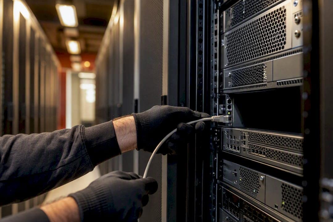 Close-up of server rack and network cable
