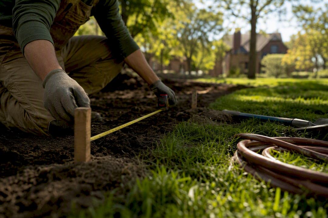 Landscaper measuring garden bed with tools