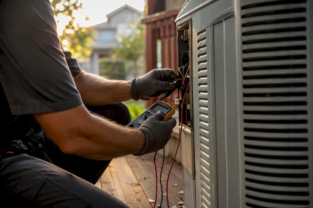 HVAC technician wiring diagnostic device outdoors