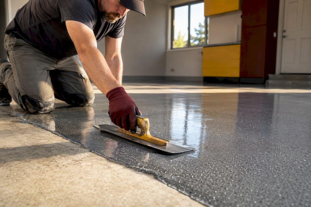 Installer applying metallic epoxy garage flooring
