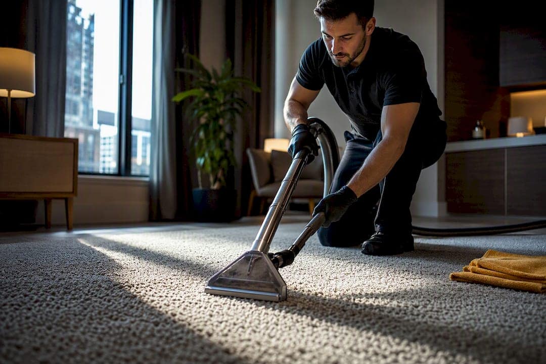 Technician cleaning carpet in Denver home