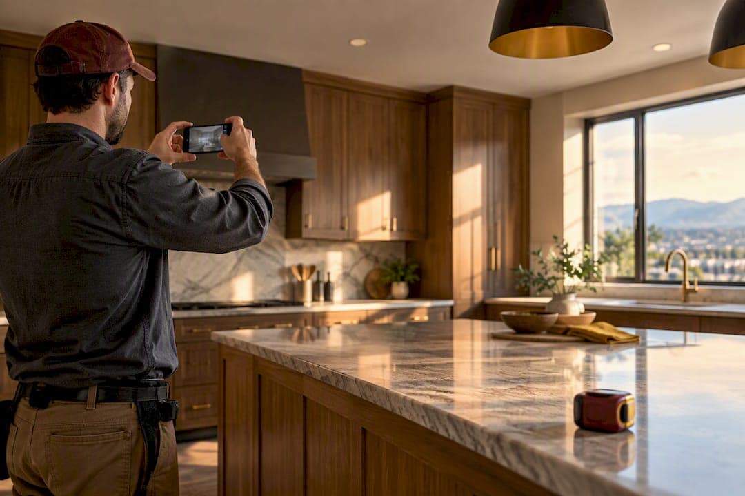 Remodeler photographing finished kitchen renovation