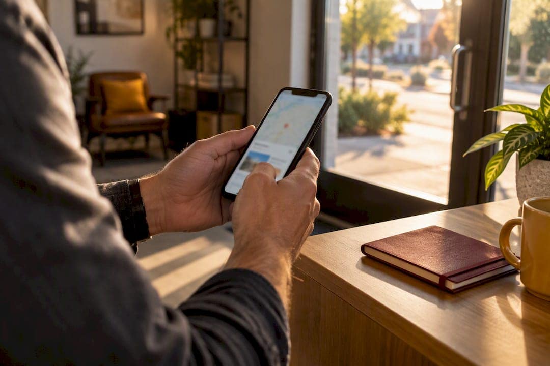 Business owner verifying local profile on smartphone
