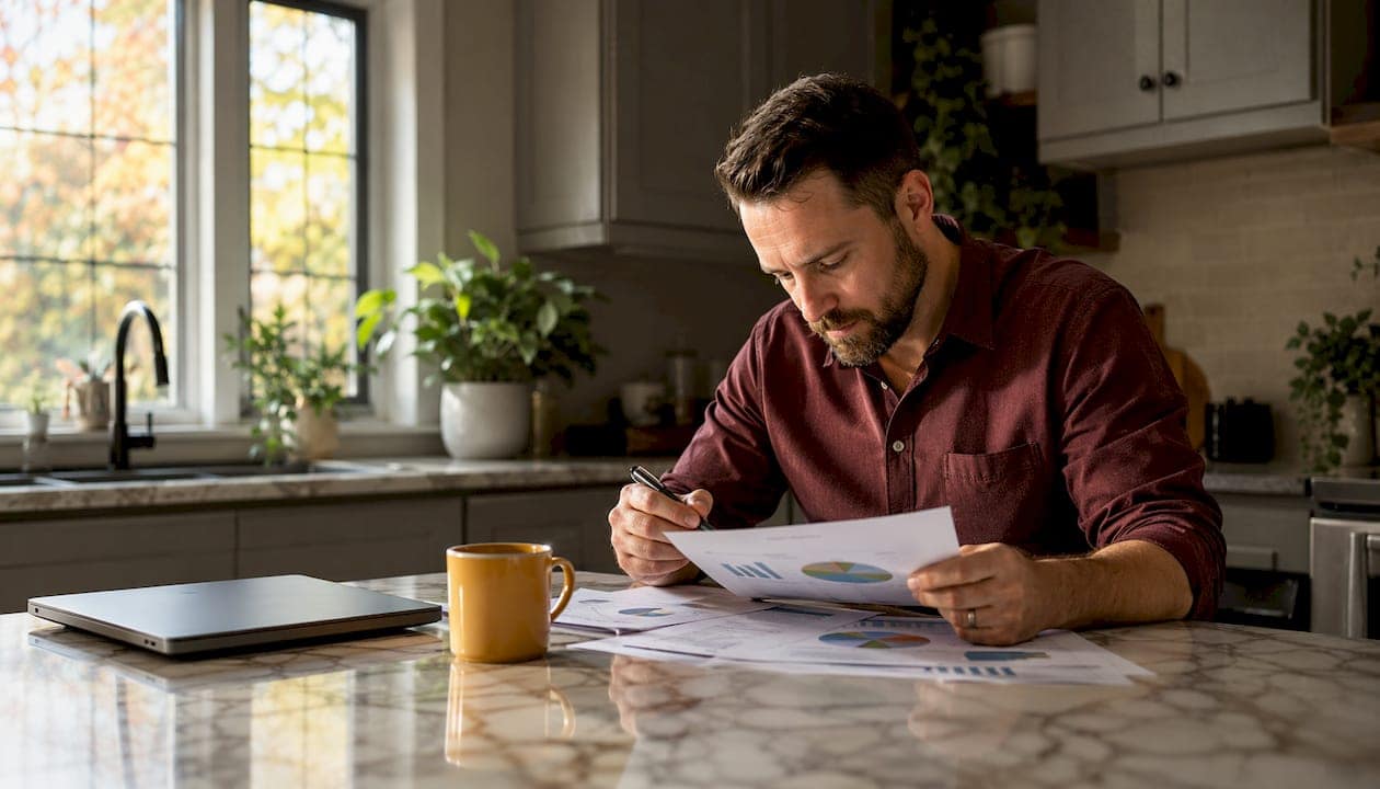 HVAC marketing specialist reviewing reports at desk