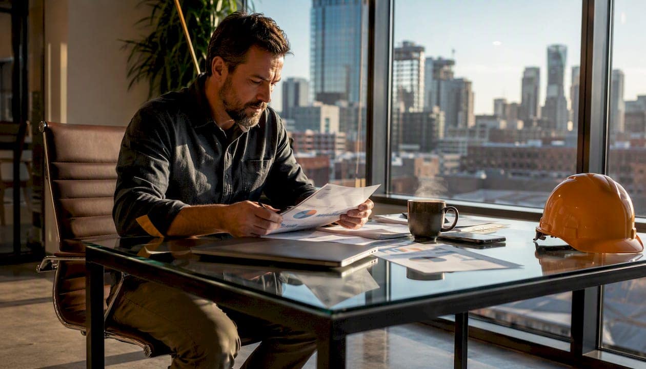 Contractor reviewing Google Ads campaign at home office desk