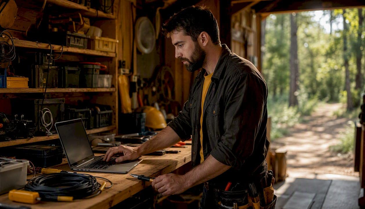 Electrician working on laptop in workshop