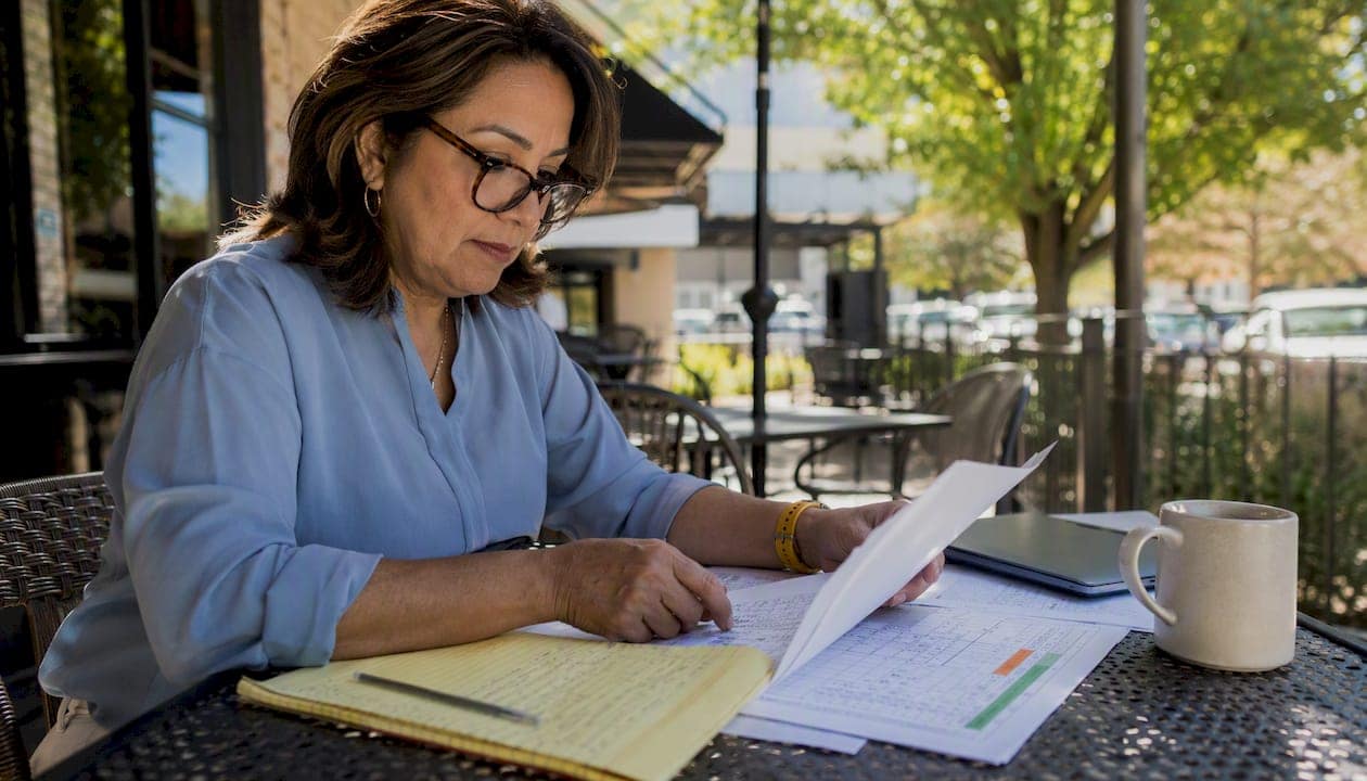 Woman reviewing website redesign budget papers
