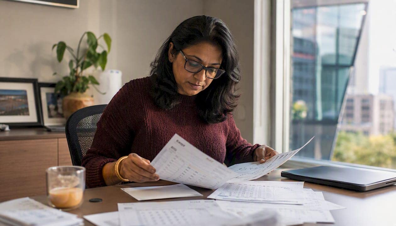Woman reviewing customer feedback forms at home
