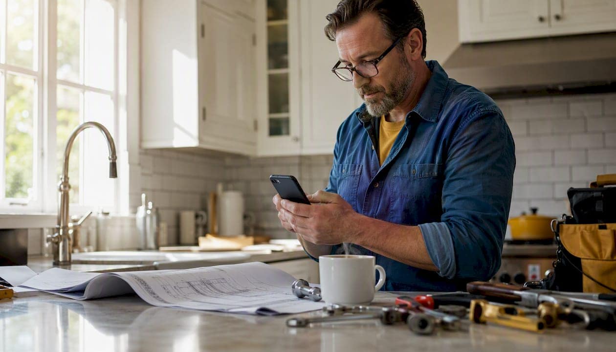 Plumber reviewing local SEO on smartphone