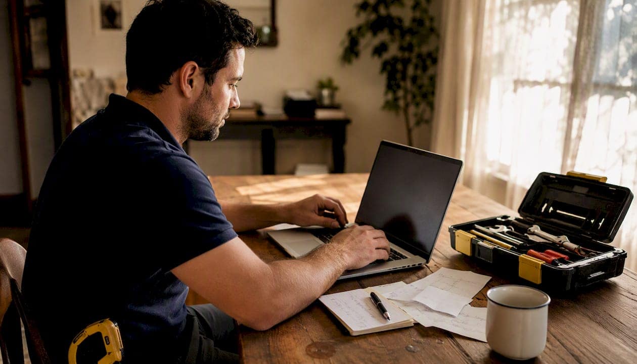 Plumber configuring Google Ads campaign on laptop
