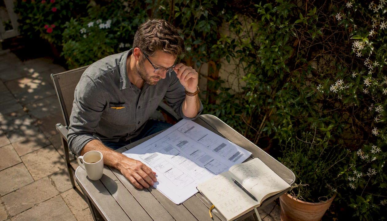 Denver contractor reviewing printed landing page wireframe