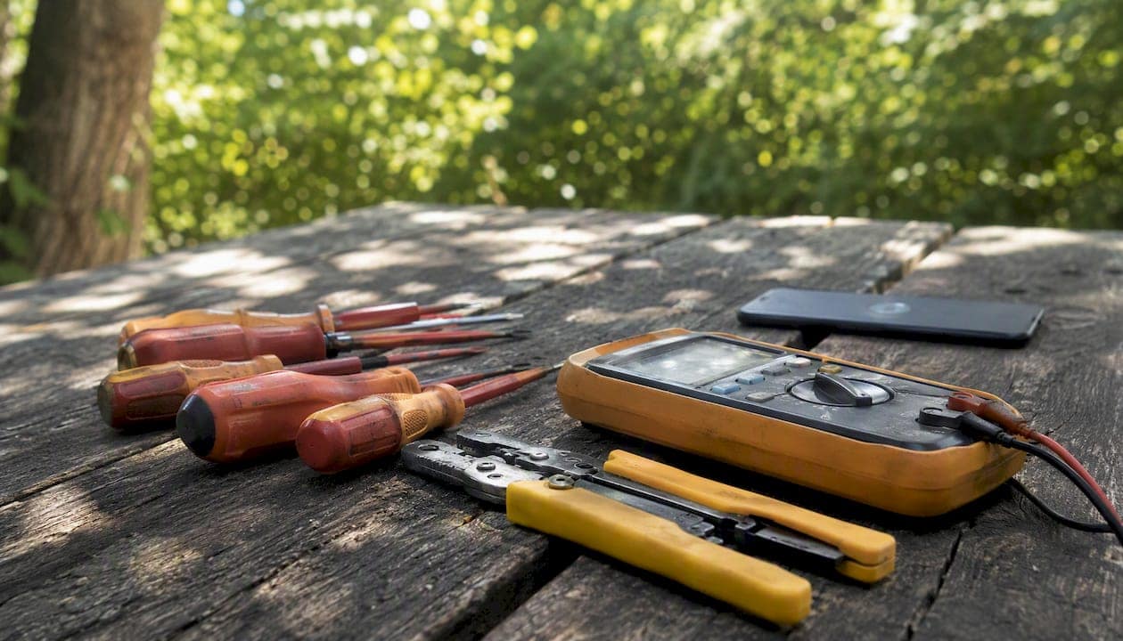 Electrician tools on workbench with phone nearby