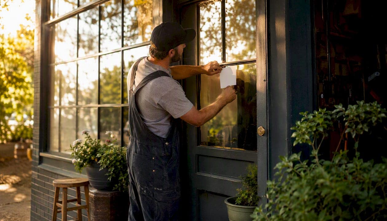 Local business owner hanging Google profile postcard
