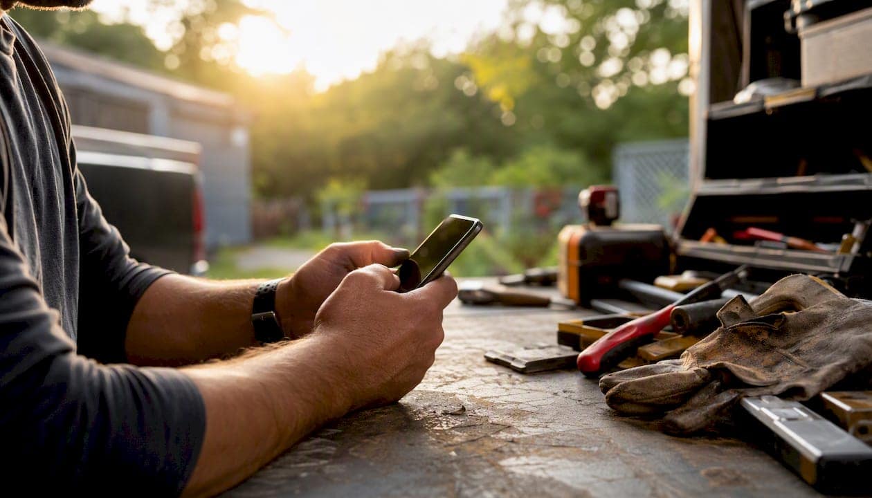 Hands holding phone on workbench in garage