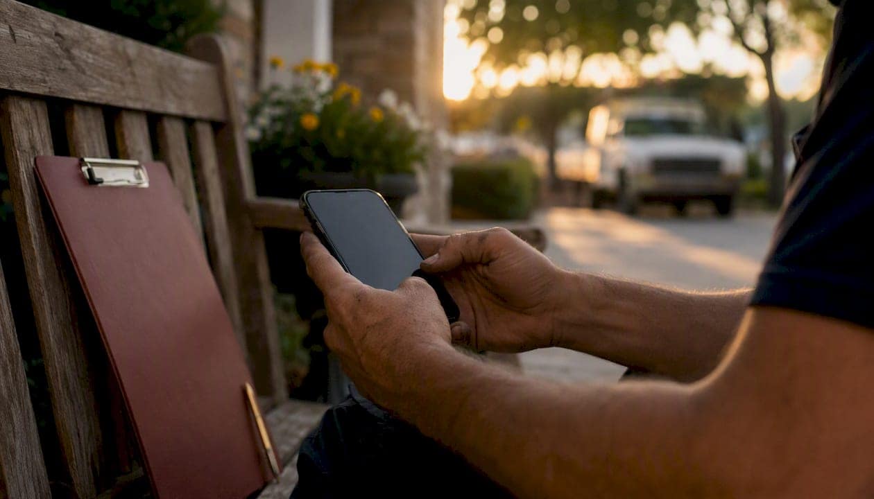 Contractor holding smartphone on porch
