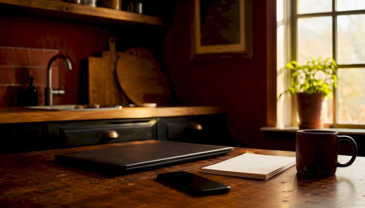 Contractor workspace with dark devices and coffee mug