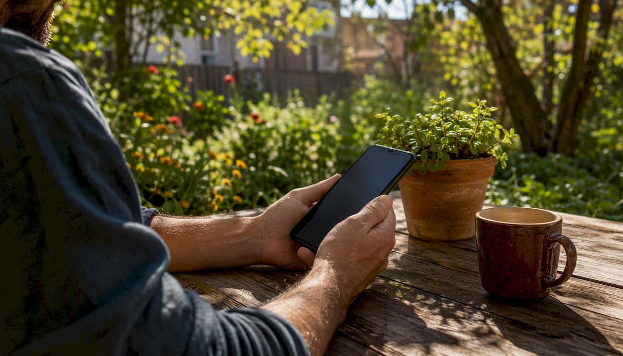Contractor hands holding smartphone ready to create post