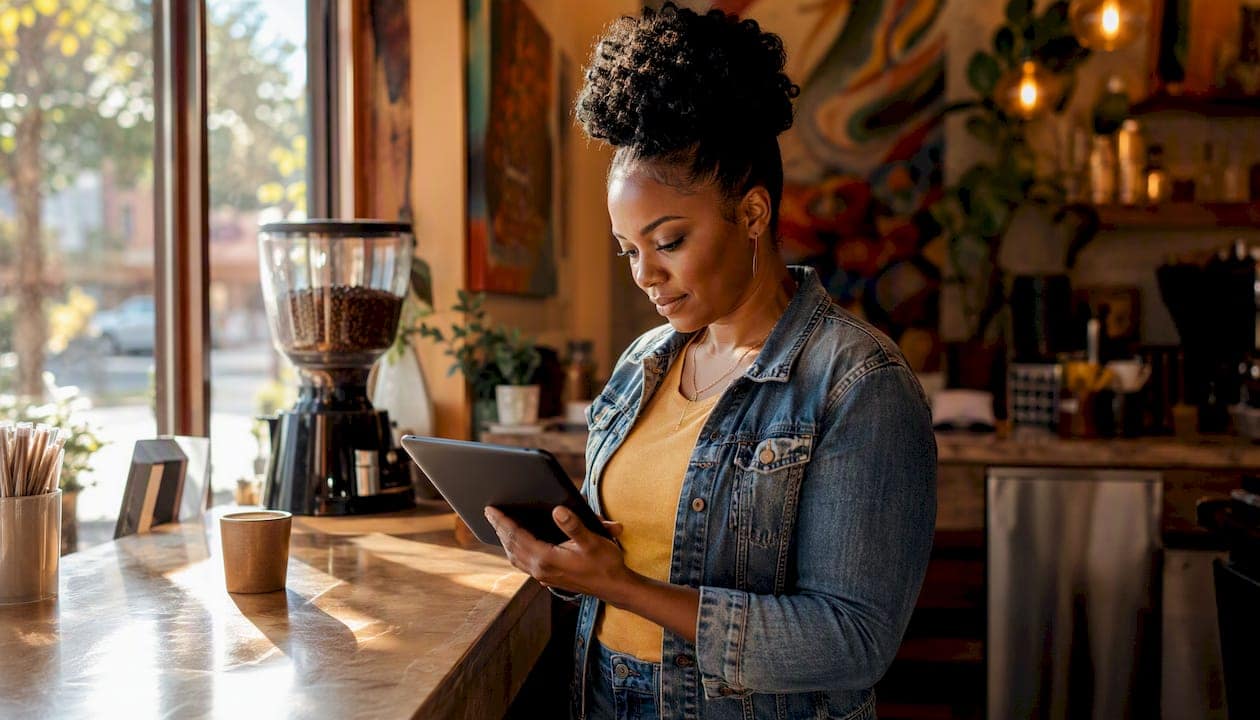 Woman business owner checking customer reviews on phone