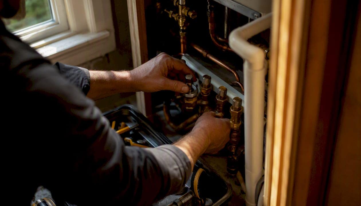 Technician adjusting HVAC thermostat valves