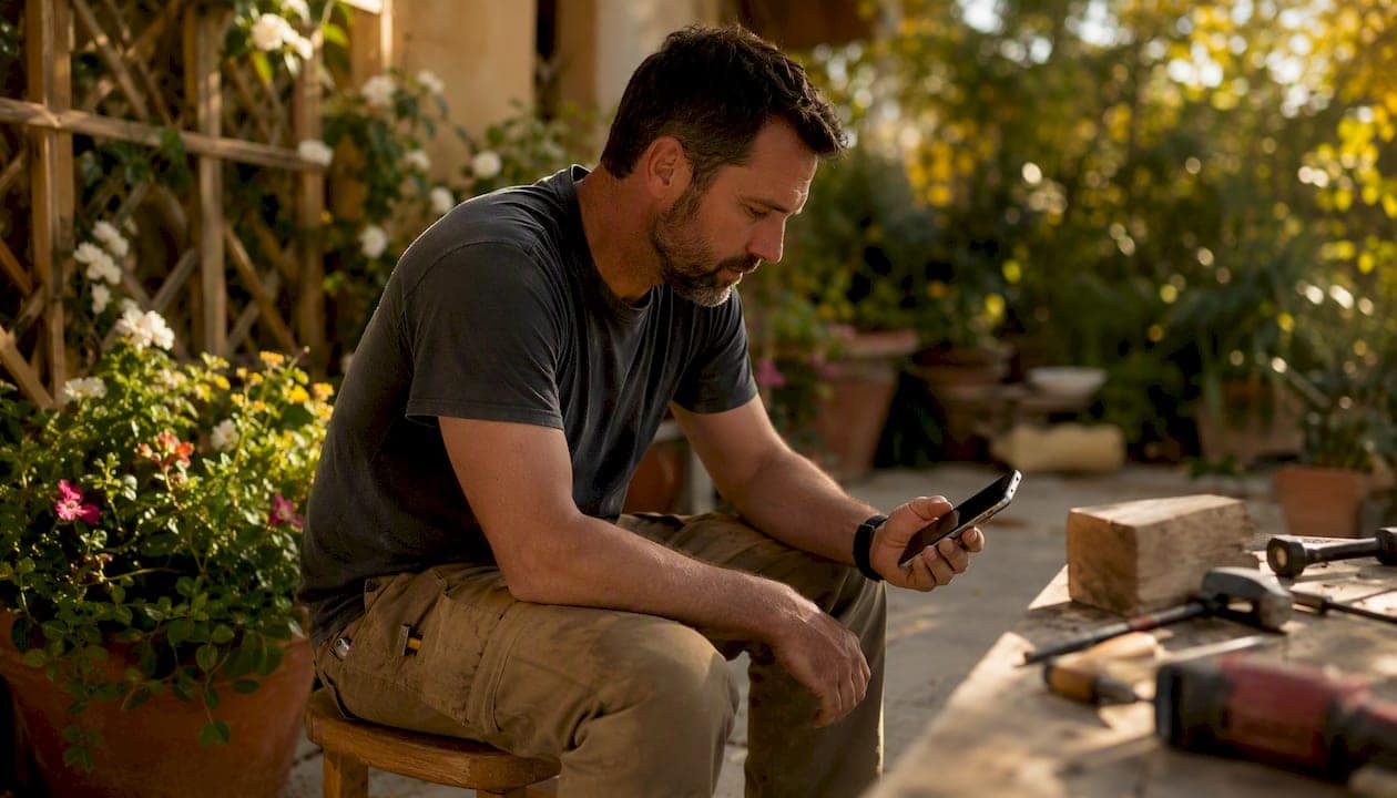 Contractor checking call quality on phone