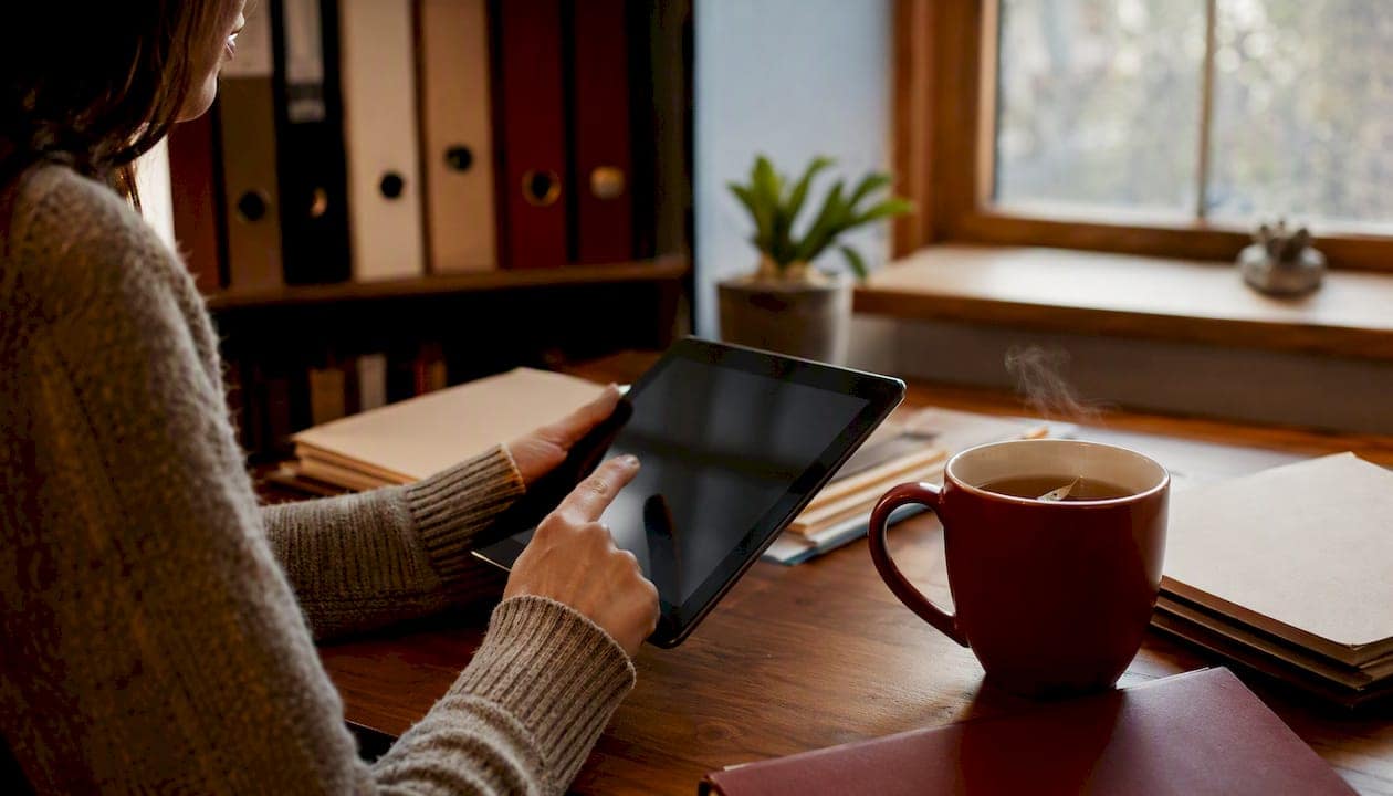 Hands managing listings on tablet in office