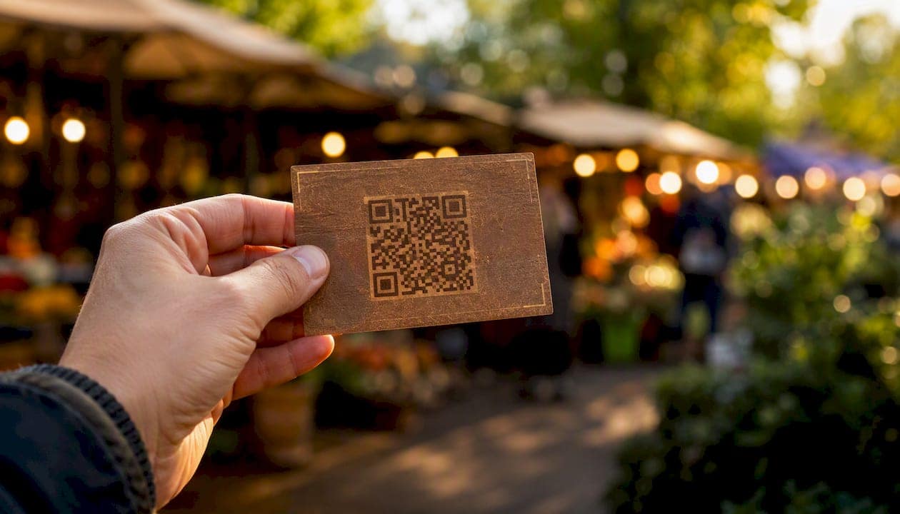 Hand holding a business card with QR code