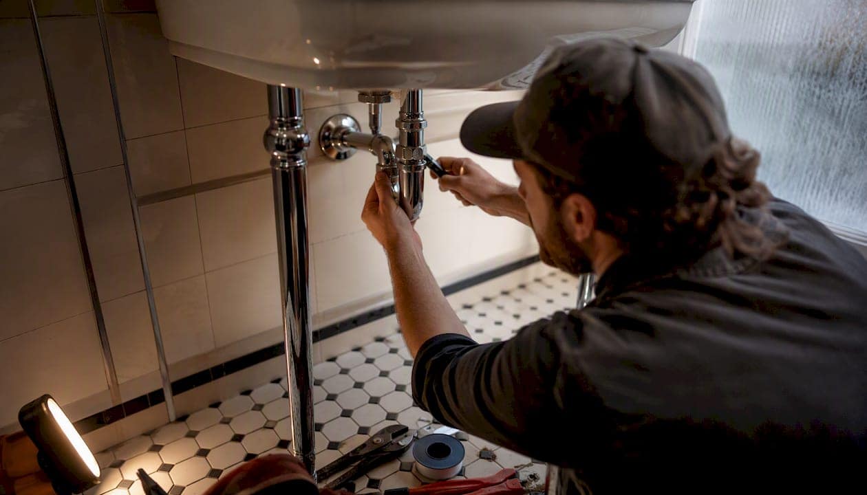 Plumber hands tightening pipes under sink