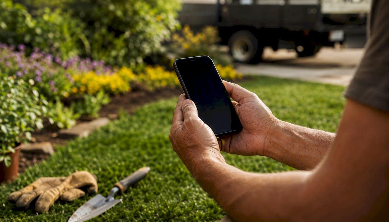 Hands holding smartphone outdoors near landscaping tools