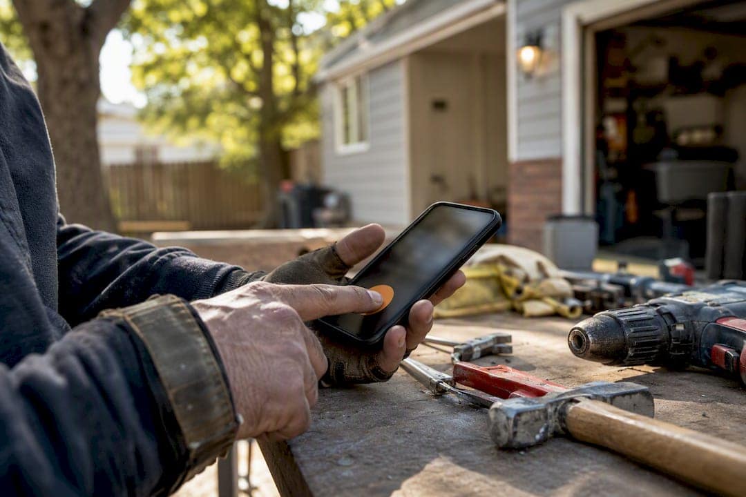 Contractor finger tapping call button on smartphone