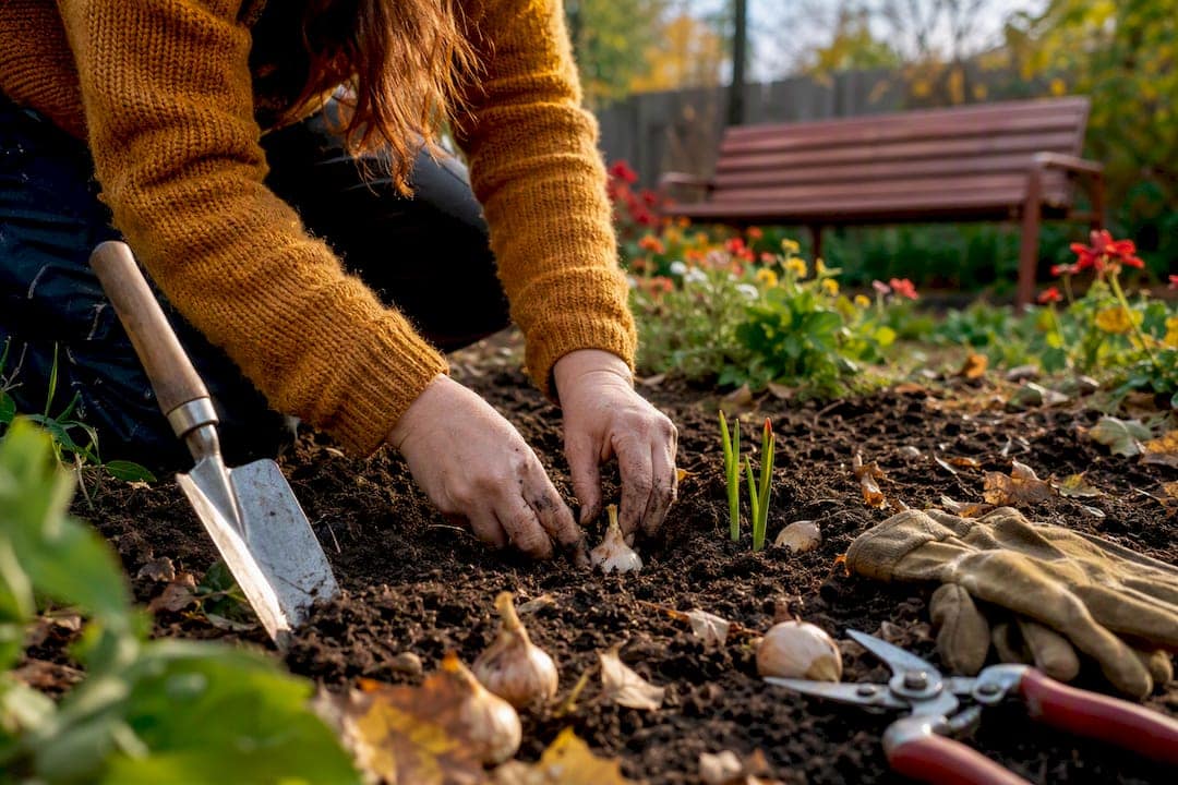 Hands planting bulbs with seasonal gardening tools