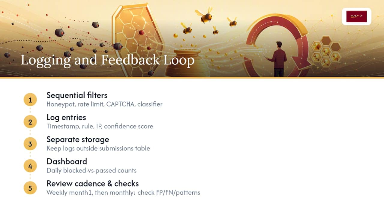 Layered spam defenses feeding a monitoring loop