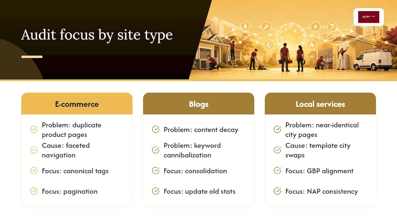 E-commerce Audits vs. Blog and Service-Site Audits — overview diagram